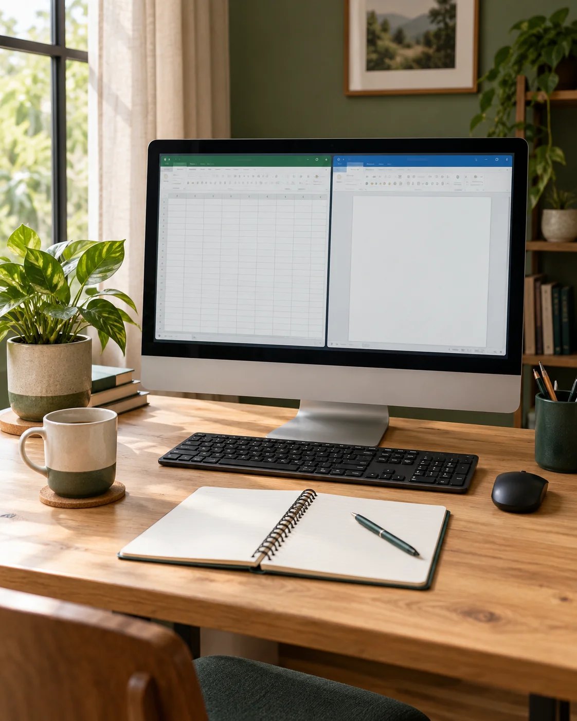 Computer workspace with a monitor, keyboard and notebook